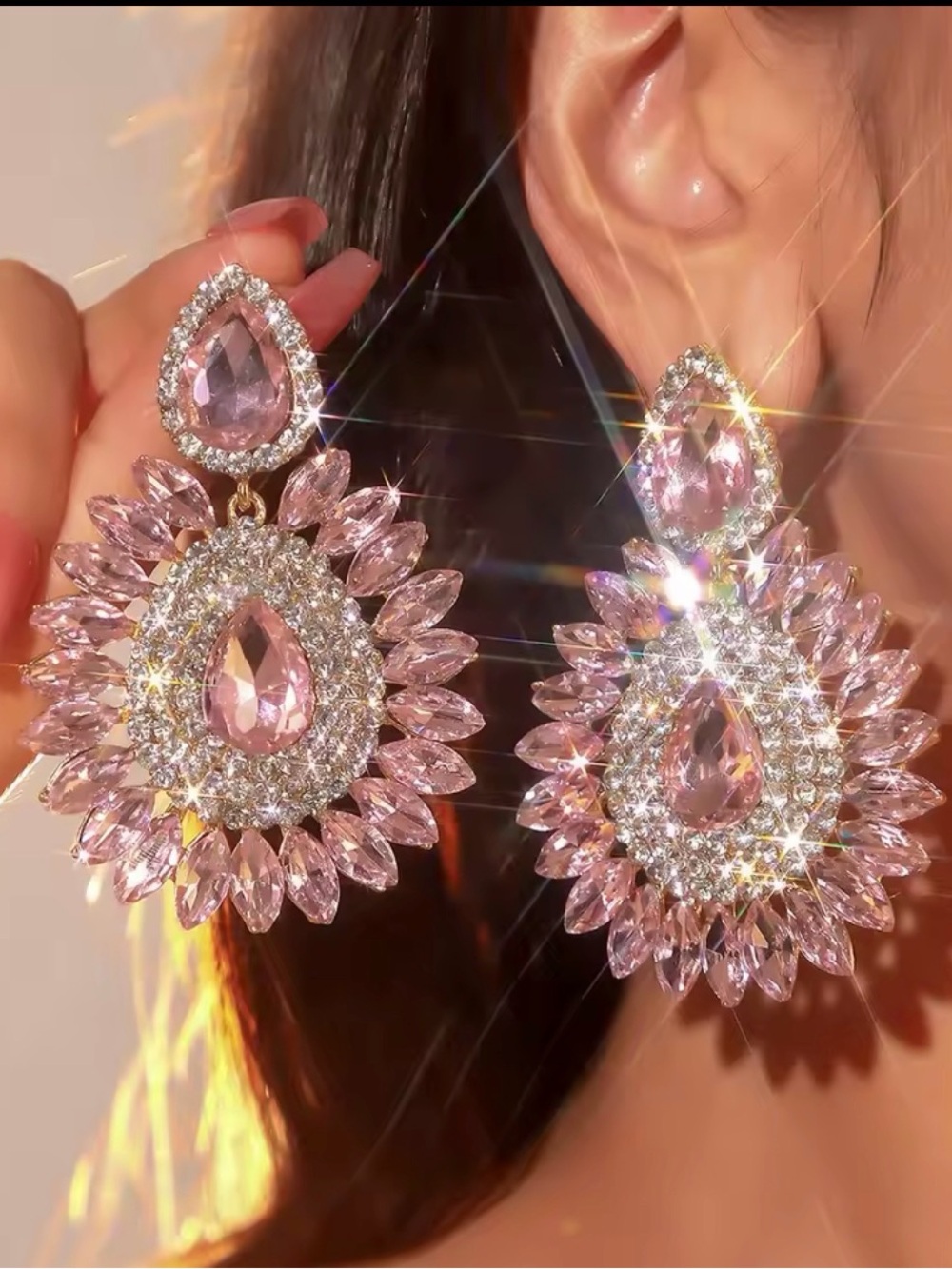 Sparkling Pink Teardrop Crystal Statement Earrings - Unbranded